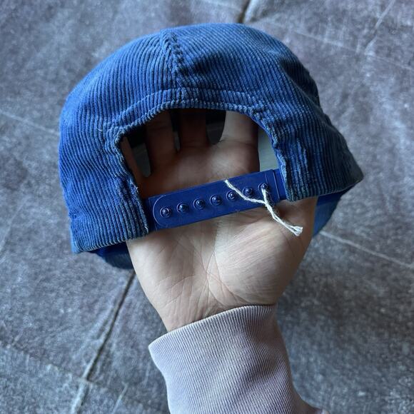 Men's Vintage 80s Master Mix Feed Farming Blue Corduroy Trucker Snapback Hat Cap - Picture 3 of 4
